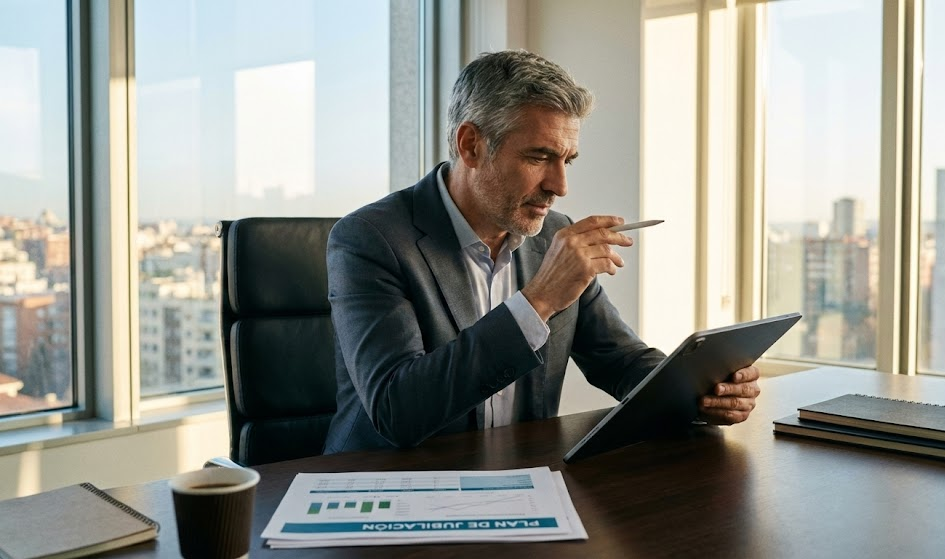 Inversor de mediana edad analizando gráficos financieros en una oficina moderna con tableta digital, gestos profesionales y documentos de planificación de jubilación sobre un escritorio de madera oscura, iluminación natural cálida