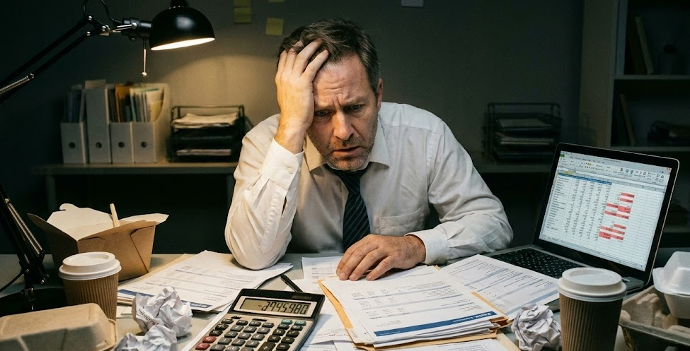 Empresario preocupado frente a múltiples documentos financieros desordenados y extractos bancarios dispersos sobre mesa, expresión de confusión, calculadora y laptop mostrando hojas de cálculo complejas, ambiente de oficina con poca luz