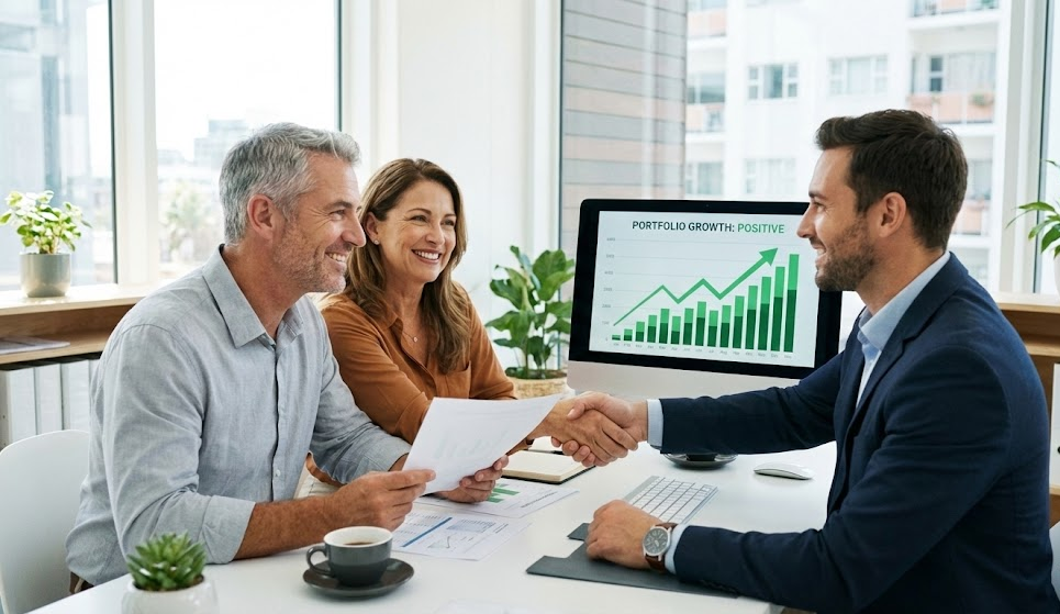 Pareja de mediana edad sonriente revisando documentos financieros con asesor en oficina luminosa, gráficos de crecimiento positivo en pantalla de computadora, ambiente profesional y confiado, apretón de manos